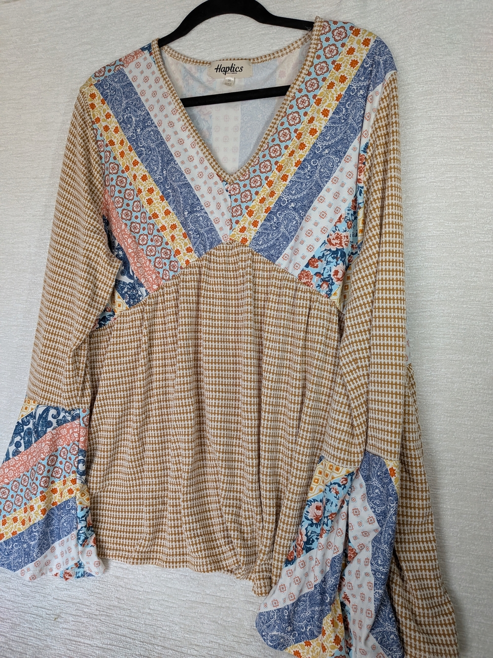 Haptics Brown Mustard V-Neck Blue Patchwork Print Bell Sleeve Blouse